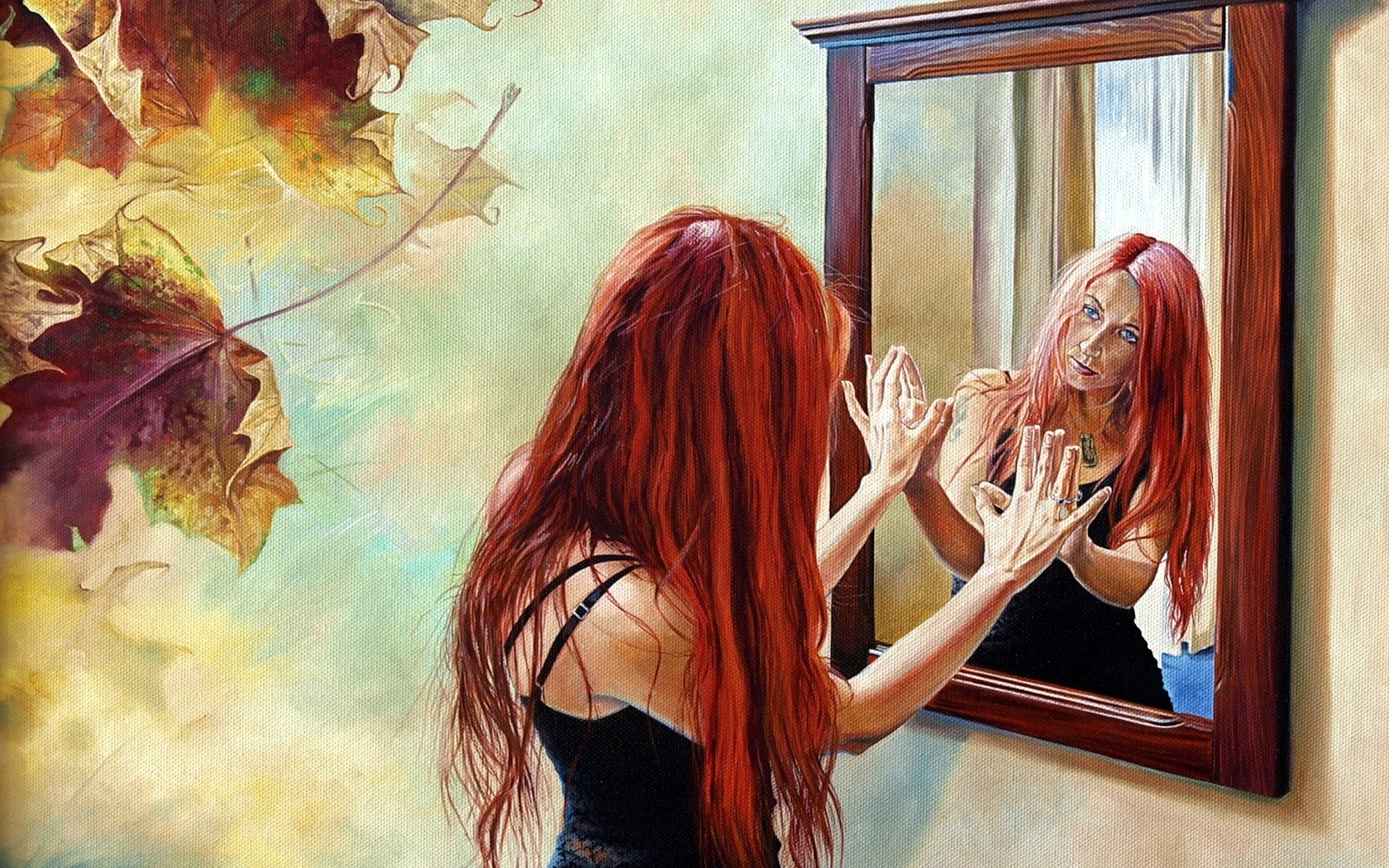 Рыжая любуется своим отражением в зеркале и показывает розовую попку