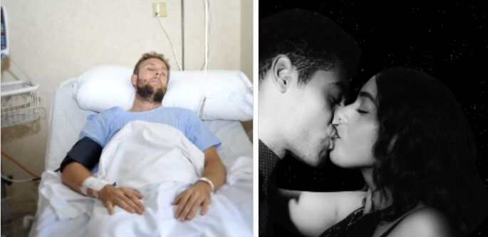 Поцелуй с мужчиной в черном пиджаке в больничной палате