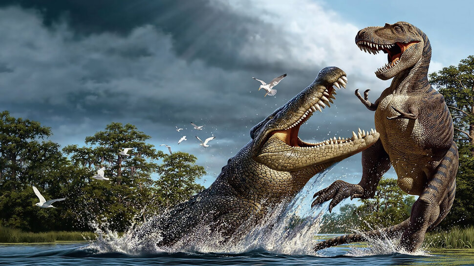 Крокодил защищает от динозавра